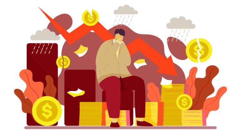 Illustration of a person holding their head in their hands sitting on piles of money