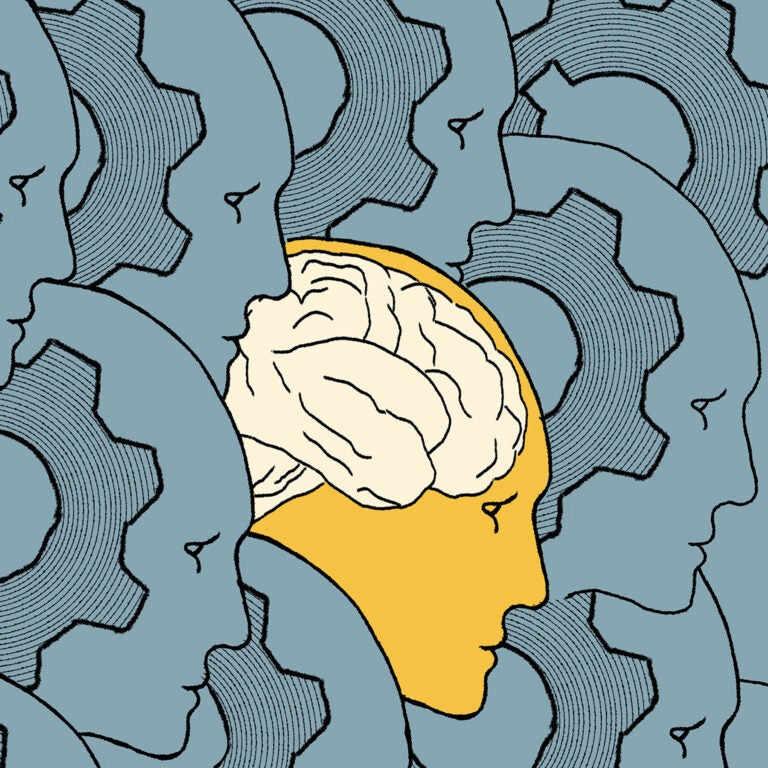 A unique yellow head with a detailed brain stands out among multiple blue human heads with cogs, representing individuality and thought amidst uniformity.